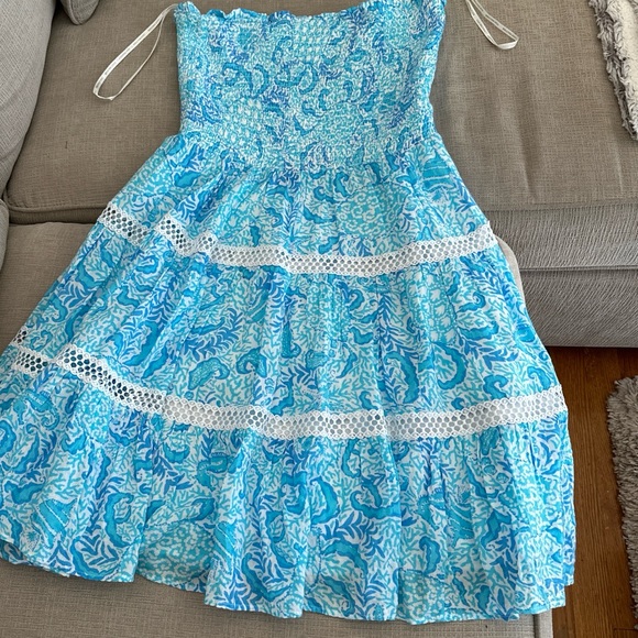 Lilly Pulitzer Kelvina Blue Strapless Smocked Bodice Dress with Ruffled Tiers  L - Picture 6 of 13